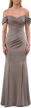 La Femme Chic Off the Shoulder Gown with Side Pleating