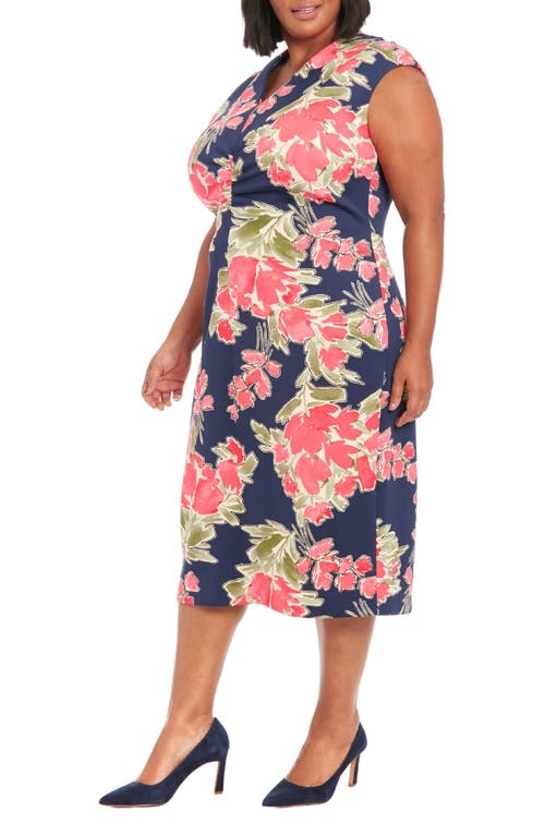 London Times Cap Sleeve Floral Print Midi Dress In Navy/berry
