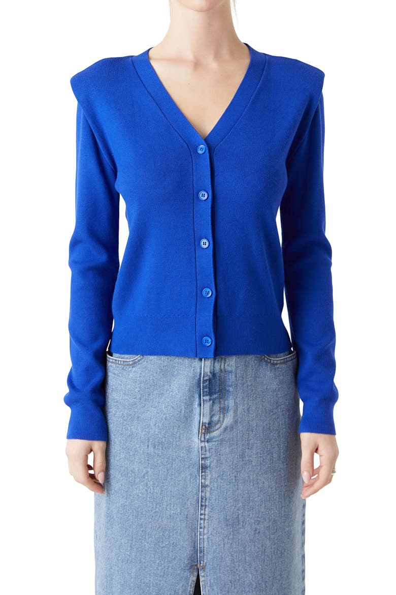 Padded Shoulder V-Neck Cardigan, Alternate, color, ROYAL BLUE