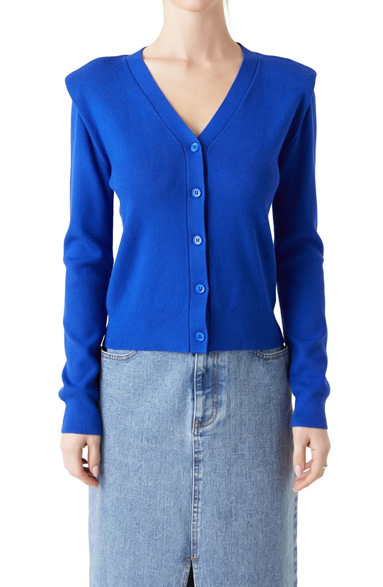 Grey Lab Padded Shoulder V-Neck Cardigan, Alternate, color, Royal Blue