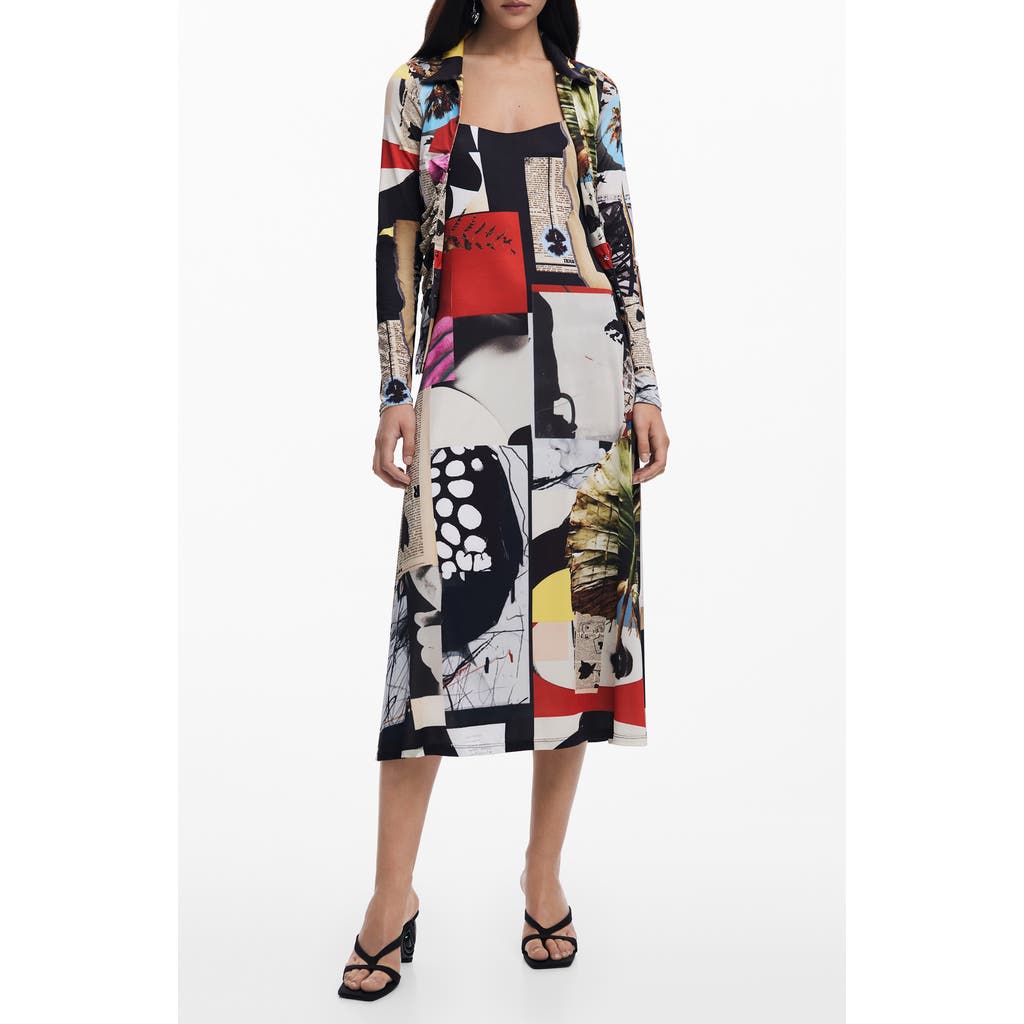 Desigual Mix Print Midi Dress In White Multi