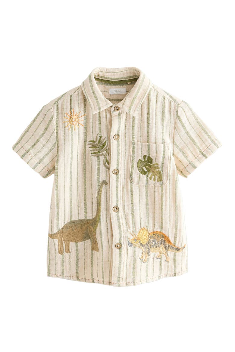 Kids' Dino Embroidered Stripe Short Sleeve Button-Up Shirt, Main, color, NEUTRAL