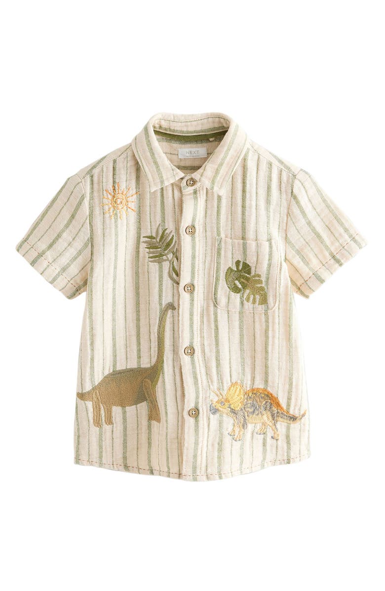 NEXT Kids' Dino Embroidered Stripe Short Sleeve Button-Up Shirt, Main, color, Neutral