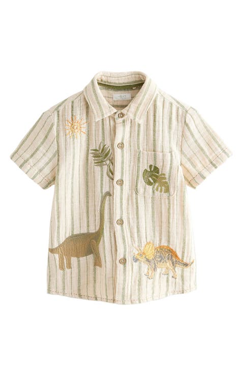 Kids' Dino Embroidered Stripe Short Sleeve Button-Up Shirt (Toddler & Little Kid)