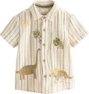 NEXT Kids' Dino Embroidered Stripe Short Sleeve Button-Up Shirt
