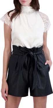 Ookie & Lala Tie Back Mock Neck Lace Sleeve Satin Blouse