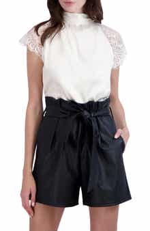 Ookie & Lala Tie Back Mock Neck Lace Sleeve Satin Blouse