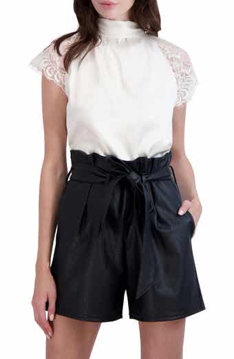 Ookie & Lala Tie Back Mock Neck Lace Sleeve Satin Blouse