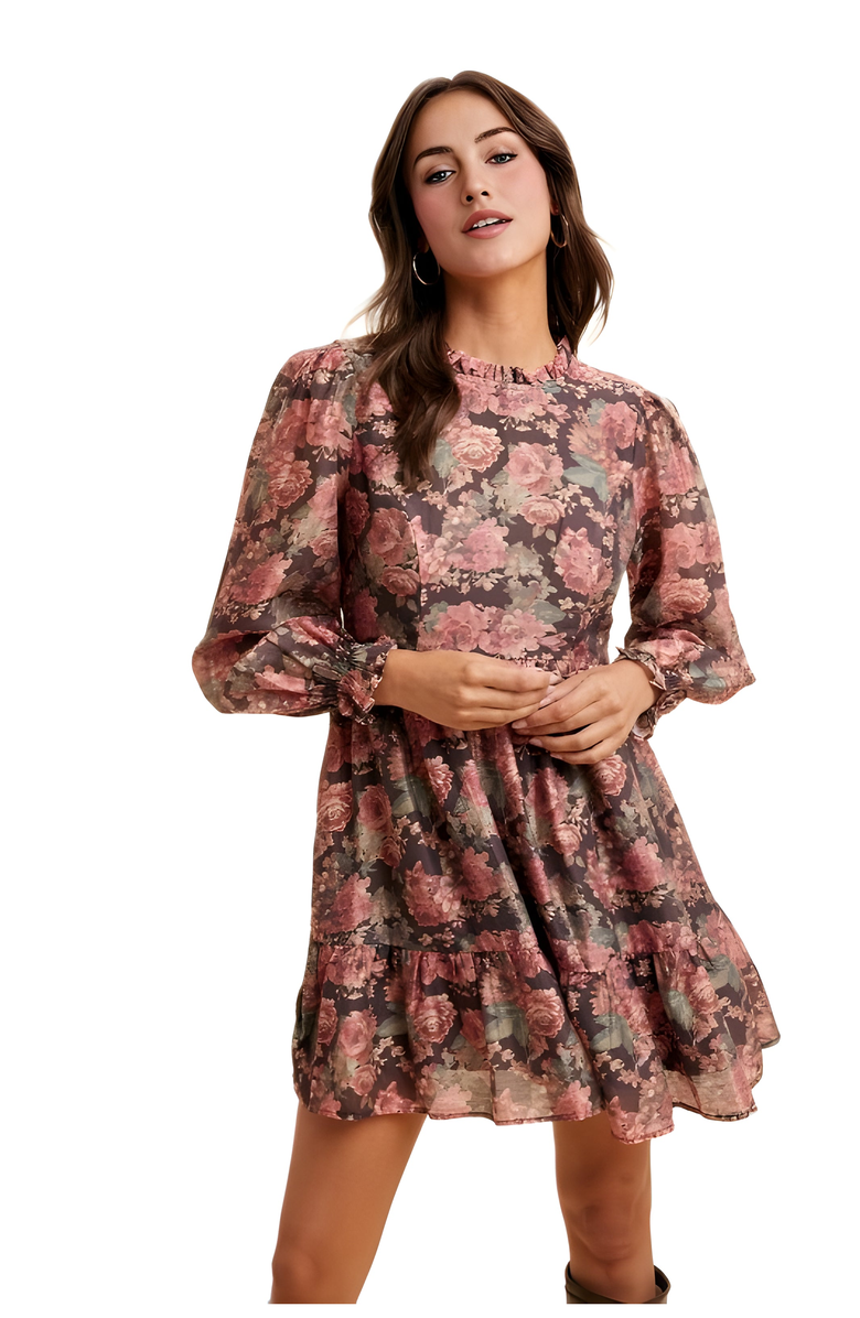 Knit and Lounge Romantic Floral Ruffle Mini Dress with Sheer Long Sleeves, Alternate, color, Dark Floral