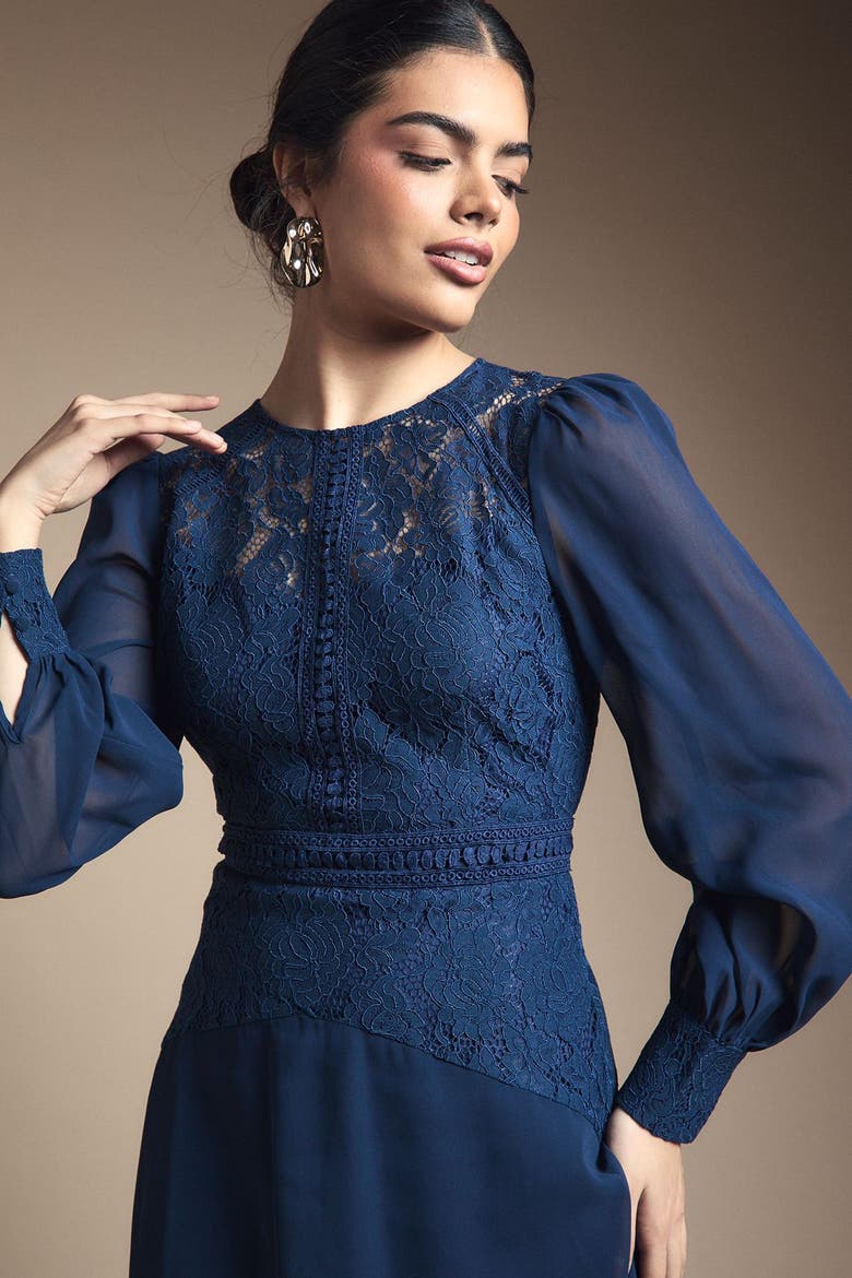 Lace Insert Chiffon Midi Dress, Alternate, color, Navy