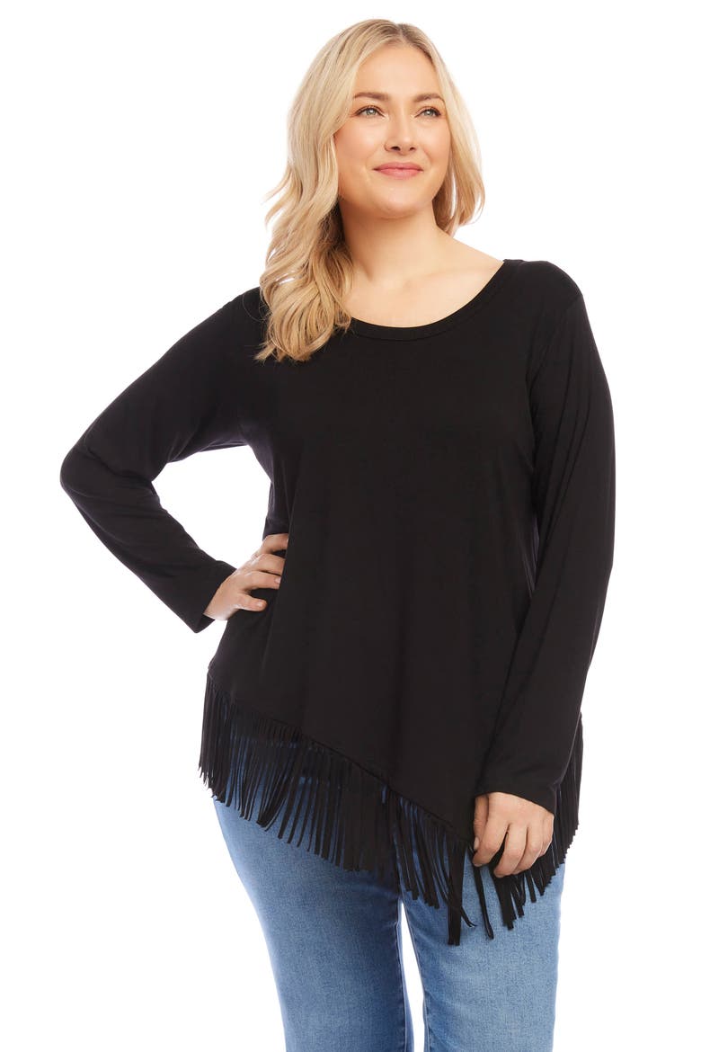 Asymmetric Long Sleeve Fringe Top, Alternate, color, BLACK