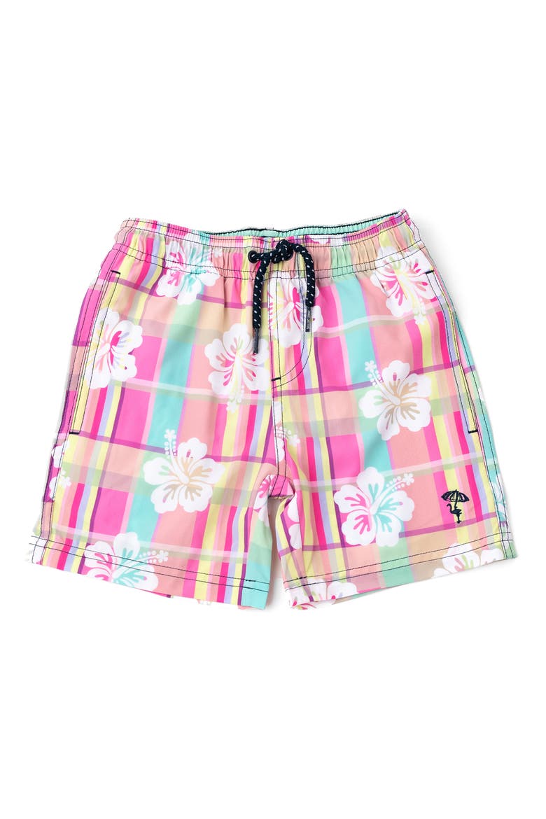 Kids' Hibiscus Plaid UPF 50+ Swim Shorts, Main, color, PINK MULTI