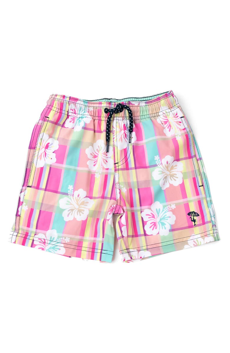 Shade Critters Kids' Hibiscus Plaid UPF 50+ Swim Shorts, Main, color, Pink Multi