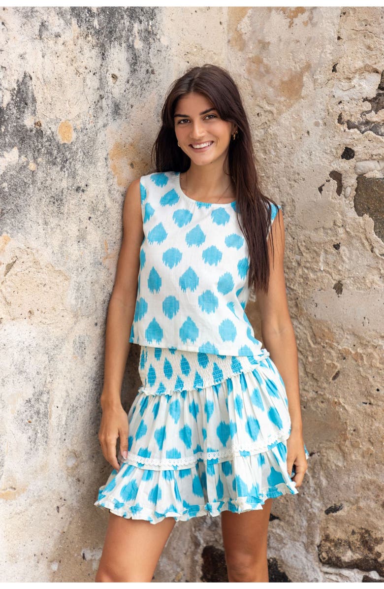 Mer St. Barth Maribel Cropped Women's Tank and Skirt Set Cream Aqua Ikat, Alternate, color, Blue