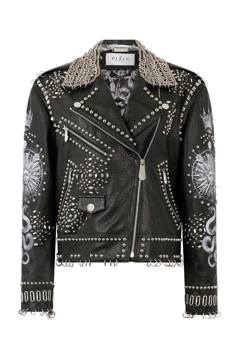 Oversized Biker Jacket Studs Butterfly Tattoo Women, Main, color, black