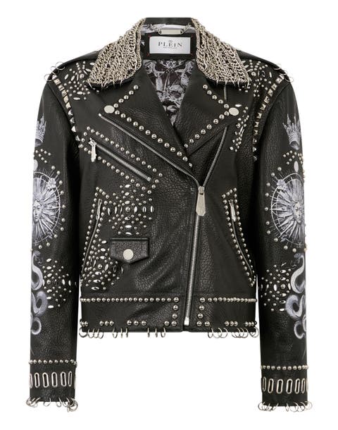 Oversized Biker Jacket Studs Butterfly Tattoo Women