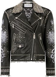 PHILIPP PLEIN Oversized Biker Jacket Studs Butterfly Tattoo Women