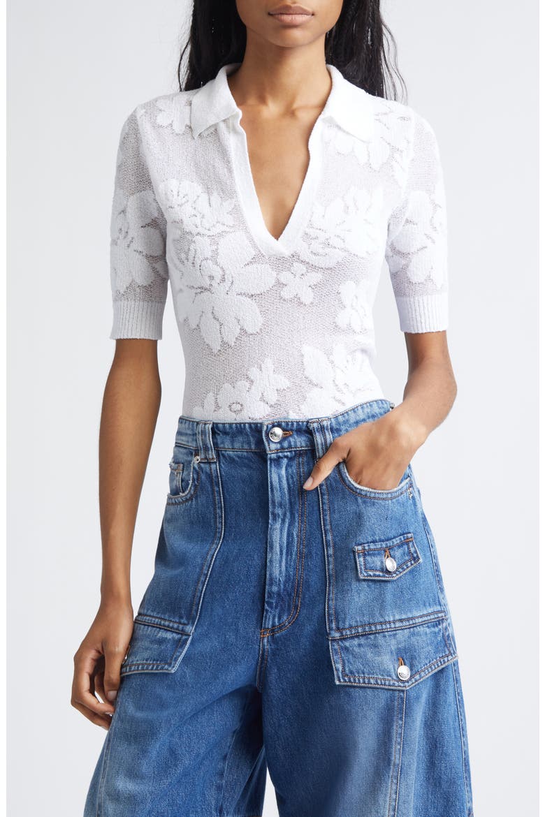 Tabarin Short Sleeve Cotton Blend Jacquard V-Neck Sweater, Main, color, WHITE