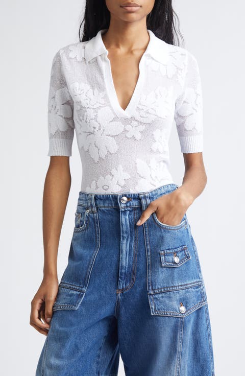 Tabarin Short Sleeve Cotton Blend Jacquard V-Neck Sweater