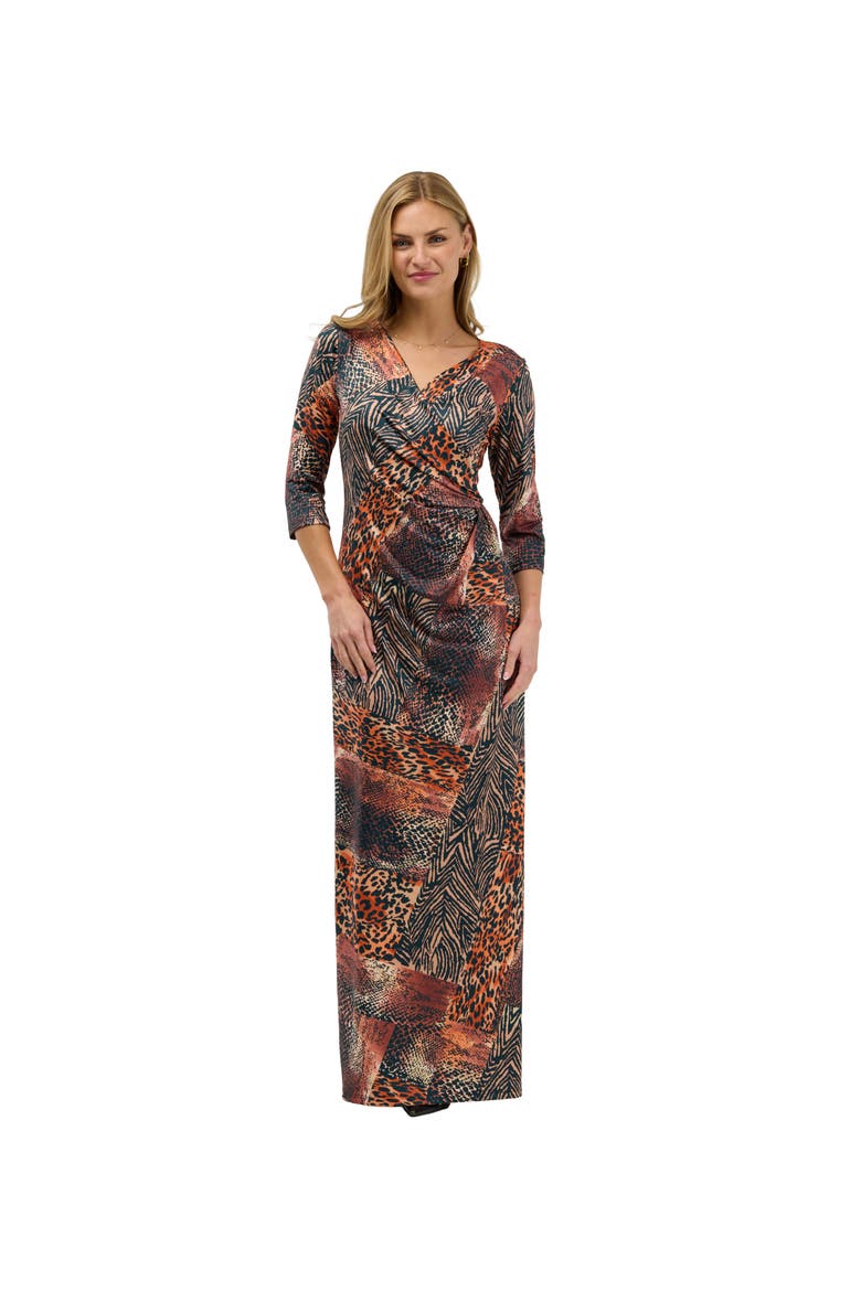 Elevate Womens Mid Sleeve V Neck Wrap Waist Slit Long Dress, Main, color, Brown Multi