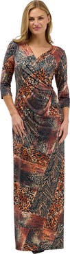 24seven Comfort Apparel Elevate Womens Mid Sleeve V Neck Wrap Waist Slit Long Dress