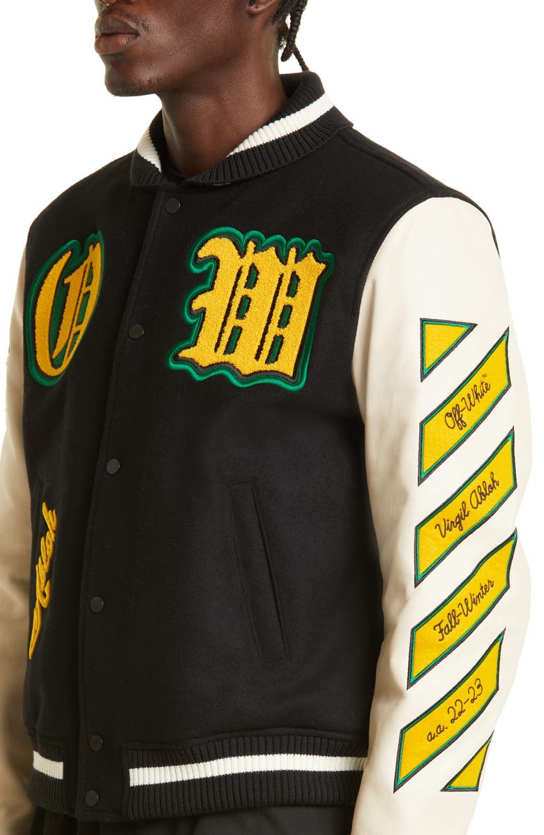 Off-White Stretch Wool Blend & Leather Varsity Jacket, Alternate, color, 