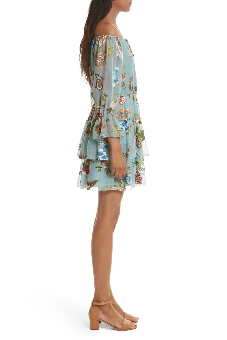 Waylon Off the Shoulder Blouson Dress, Alternate, color, ICY AQUA/ MULTI