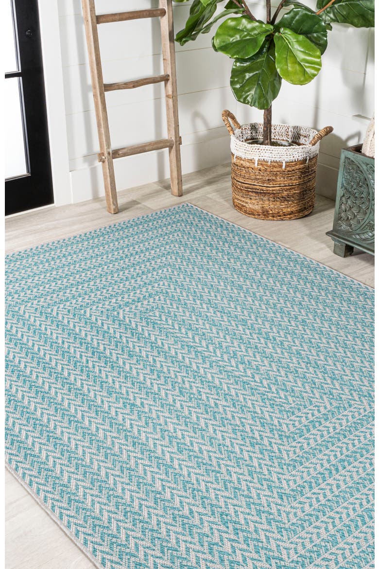 Chevron Modern Concentric Squares Indoor/Outdoor Area Rug, Alternate, color, Aqua/Light Gray