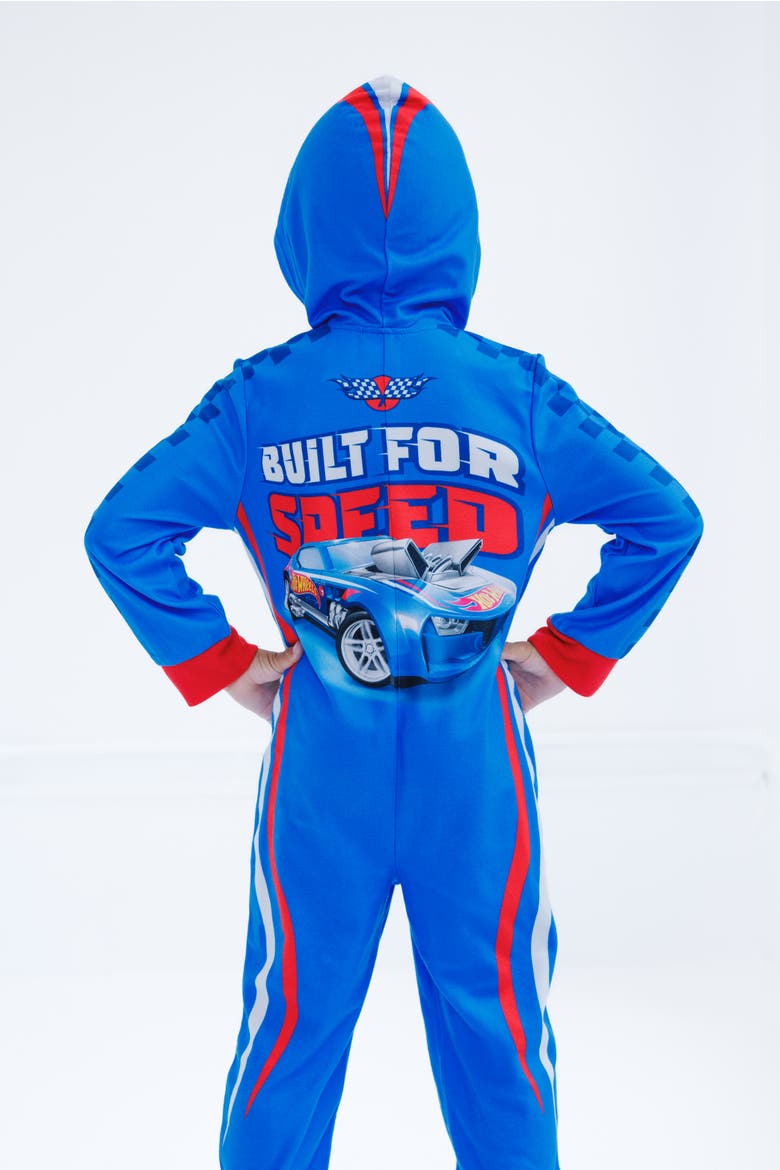Racing Fleece Hooded One Piece Pajama, Alternate, color, Royal Blue Red