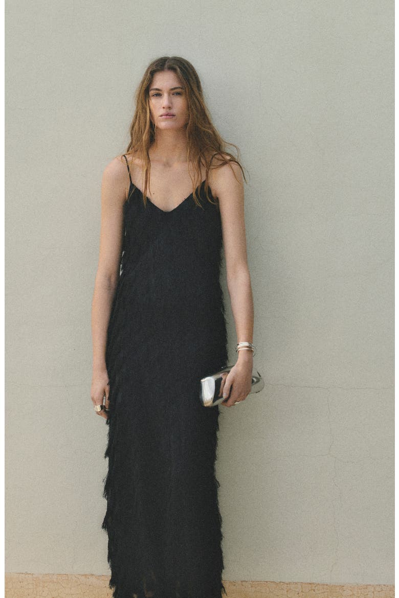 Frayed Sleeveless Maxi Slipdress, Alternate, color, BLACK
