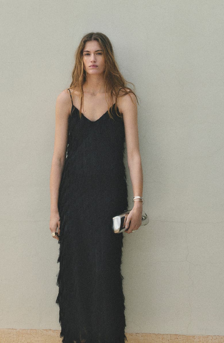 MANGO Frayed Sleeveless Maxi Slipdress, Alternate, color, Black