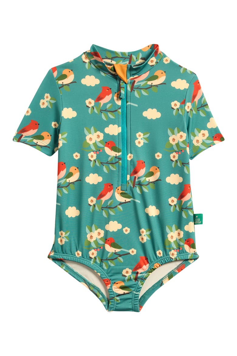Kids' Turquoise Birds UPF 50+ One-Piece Rashguard Swimsuit, Main, color, TURQUOISE