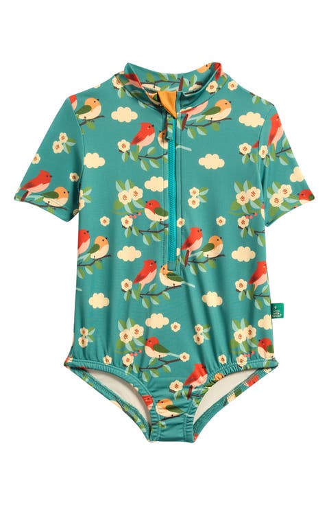 Kids' Turquoise Birds UPF 50+ One-Piece Rashguard Swimsuit (Baby & Toddler)