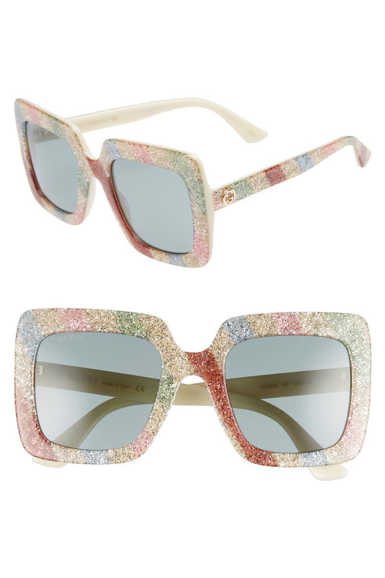 53mm Glitter Stripe Square Sunglasses, Main, color, IVORY/ MULTICOLOR