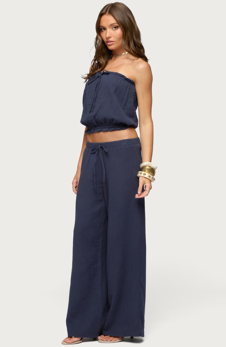 EDIKTED Viktoria Cotton Crinkle Gauze Wide Leg Drawstring Pants, Alternate, color, Navy