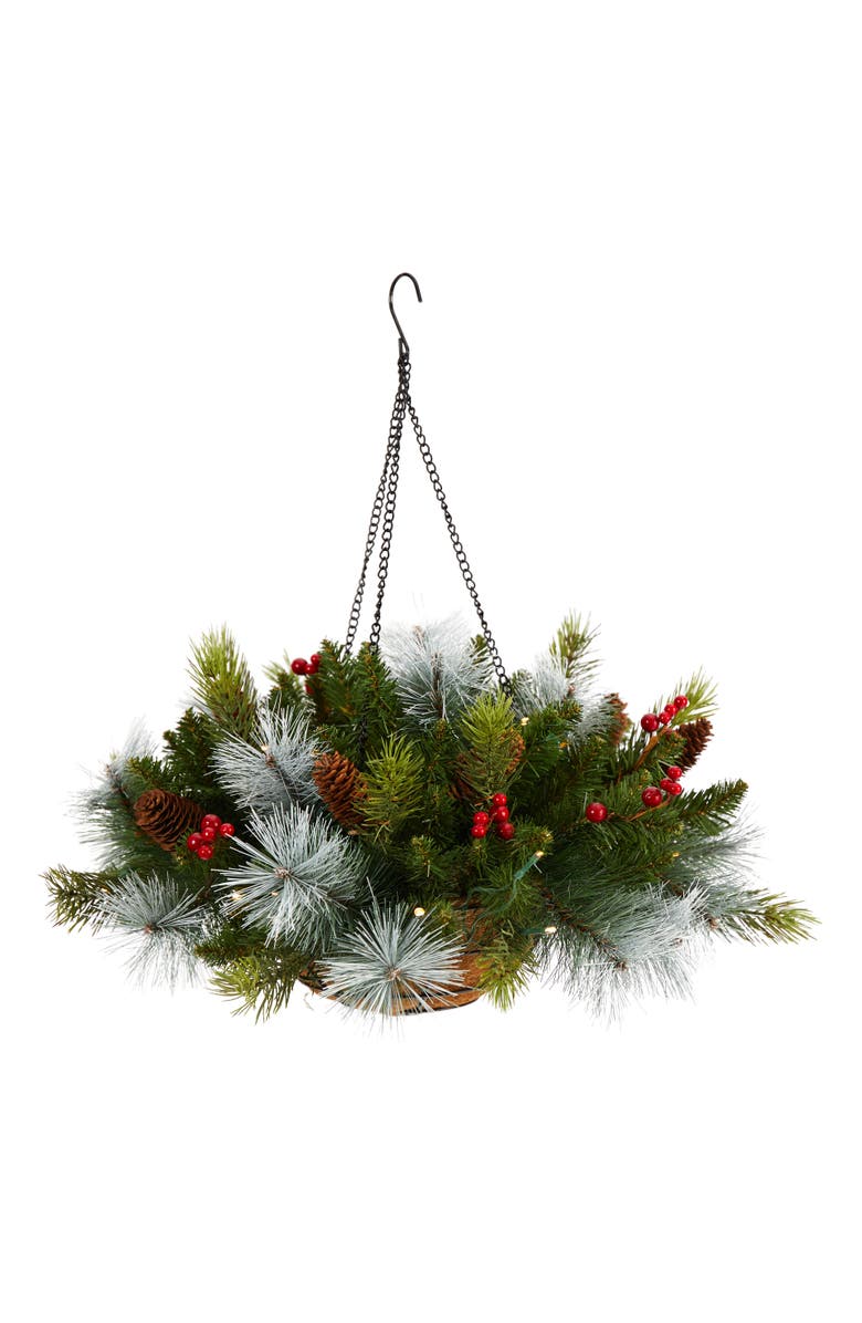 NEARLY NATURAL 24-in Holiday Pre-Lit (30 LED Lights) Pine and Berries Artificial Christmas Hanging Basket, Indoor Outdoor Patio Porch Decor, Main, color, Green