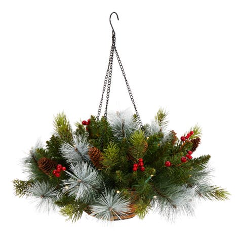 24-in Holiday Pre-Lit (30 LED Lights) Pine and Berries Artificial Christmas Hanging Basket, Indoor Outdoor Patio Porch Decor