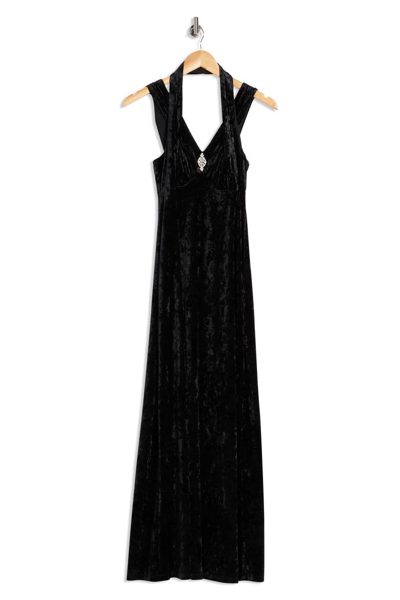 Crystal Velvet Halter Gown, Alternate, color, BLACK