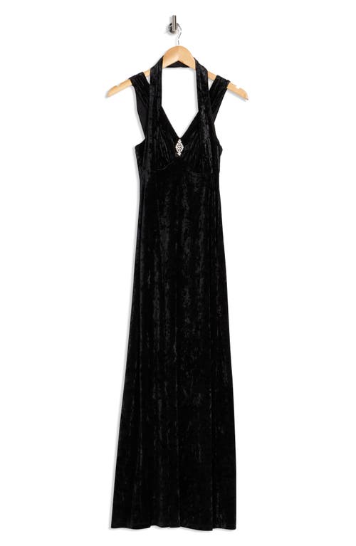 Connected Apparel Crystal Velvet Halter Gown In Black