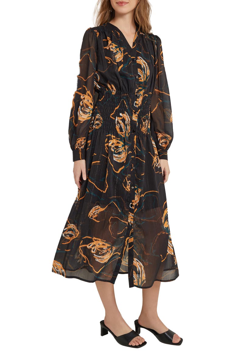 Print Smocked Waist Long Sleeve Midi Dress, Alternate, color, BLACK/ OCHR/ MUL
