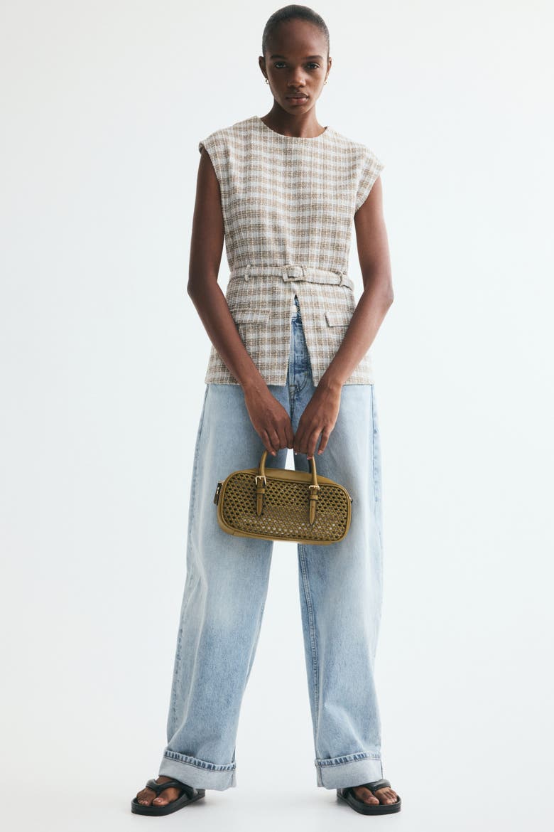 Belted Bouclé-knit Top, Alternate, color, Light dusty blue/plaid
