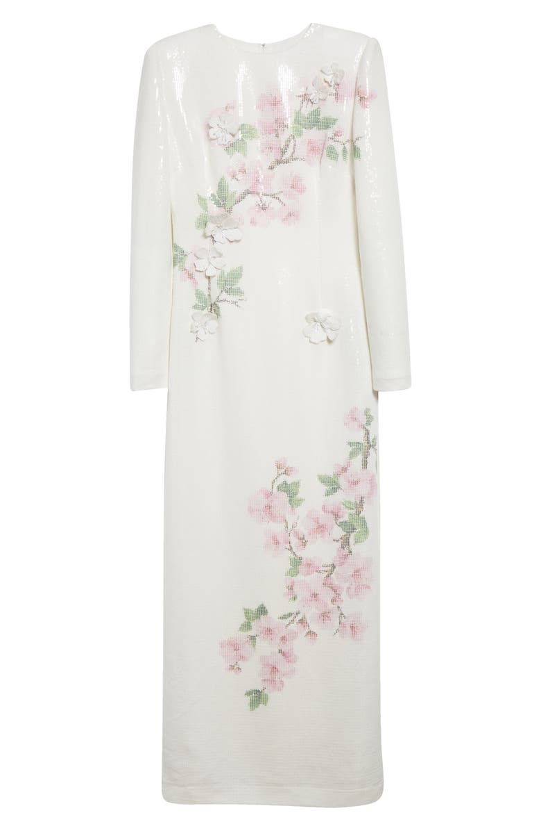 Oscar de la Renta Cherry Blossom Long Sleeve Sequin Jersey Column Gown, Alternate, color, Pink/ Ivory