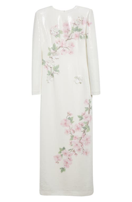 Oscar De La Renta Cherry Blossom Long Sleeve Sequin Jersey Column Gown
