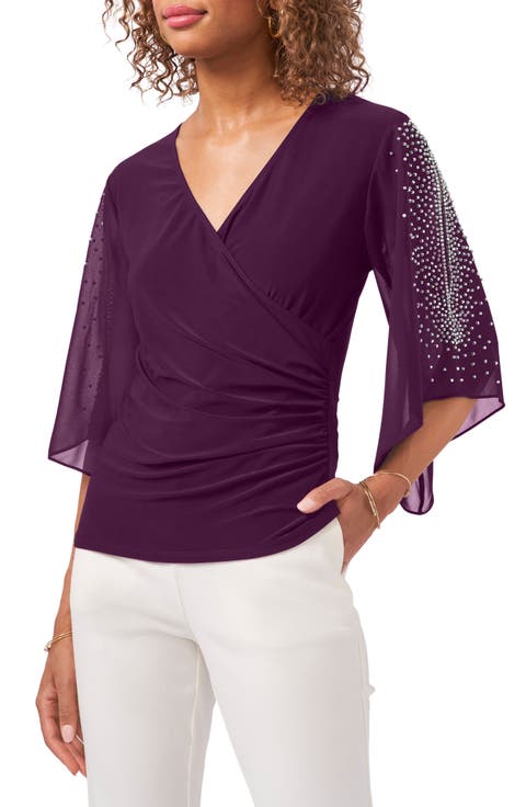Beaded Sleeve Surplice Knit Top