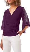 Chaus Beaded Sleeve Surplice Knit Top