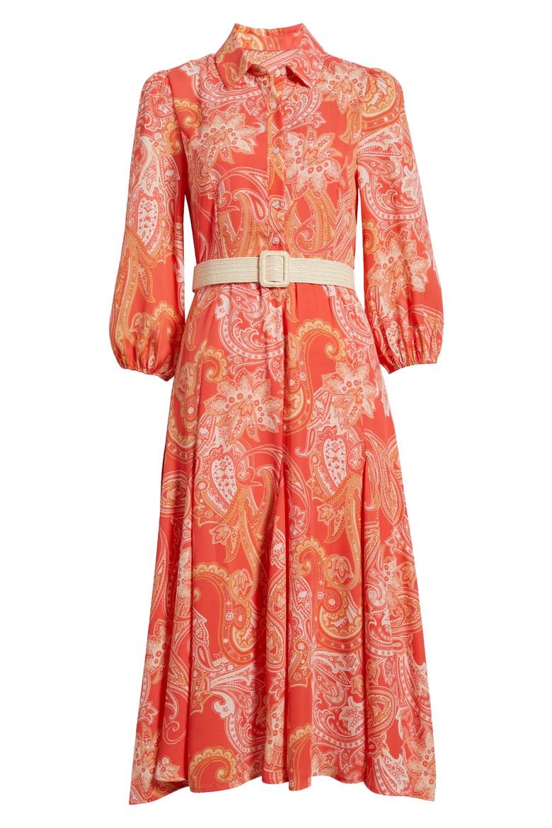Paisley Belted Fit & Flare Shirtdress, Alternate, color, CORAL PAISLEY