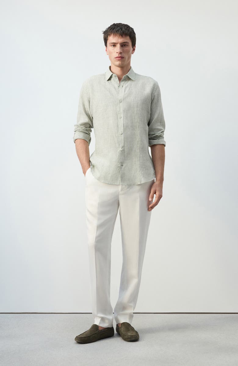 MANGO Stripe Slub Linen Button-Up Shirt, Alternate, color, Khaki Green