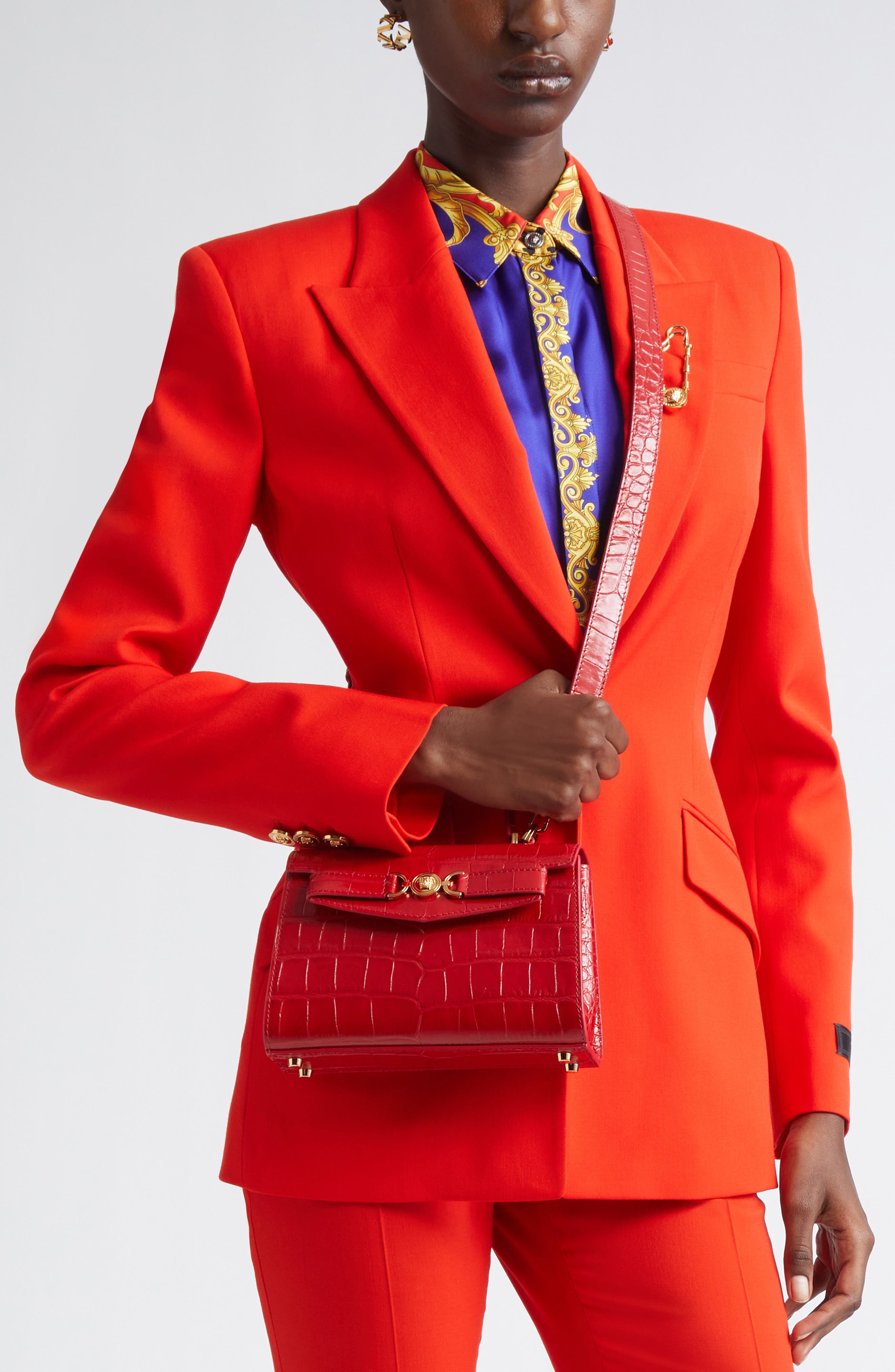 Versace Small Medusa '95 Croc Embossed Leather Top Handle Bag, Alternate, color, 