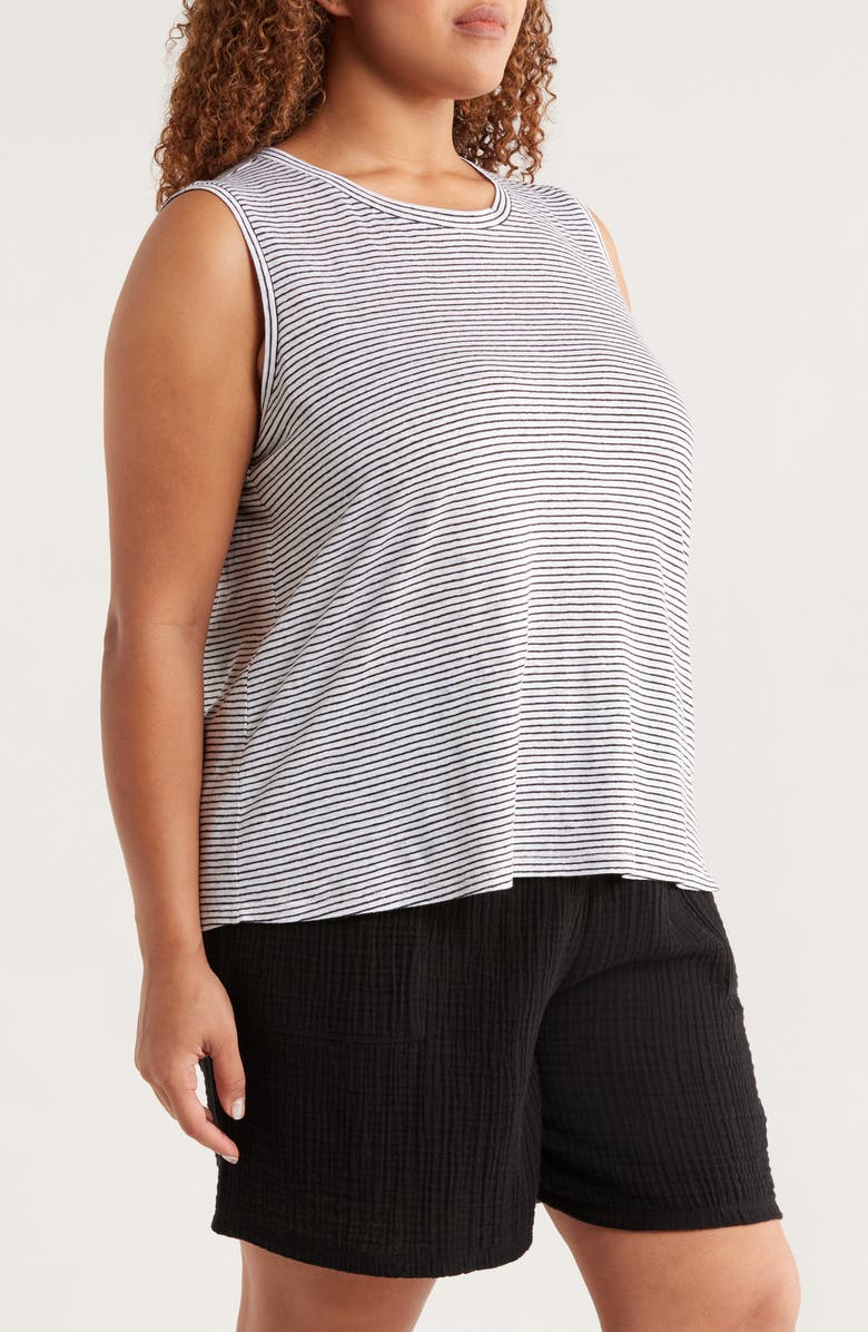 Eileen Fisher Stripe Crewneck Organic Linen Tank, Alternate, color, White/ Black