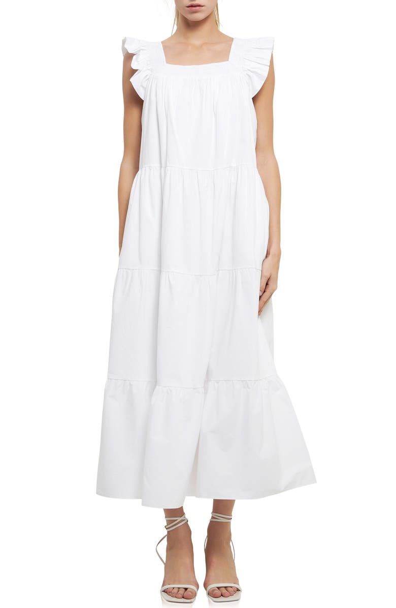 English Factory Ruffle Detail Midi Dress, Main, color, White